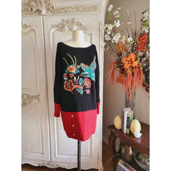 Vintage 1990's INC embroidered Floral Sweater Bird Sequins Sz M - Picture 2 of 8